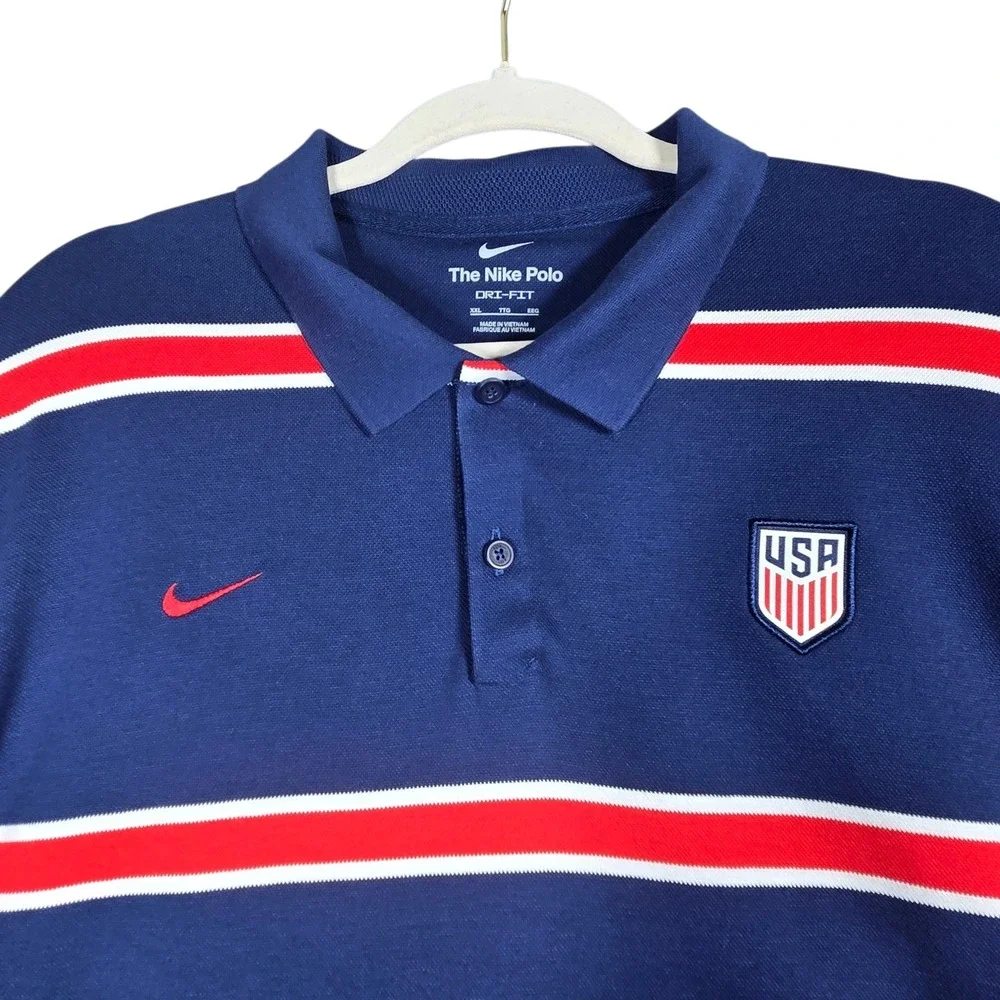 Nike USMNT Polo Shirt Mens XXL Blue Striped USA Soccer Crest Dri-Fit Futbol